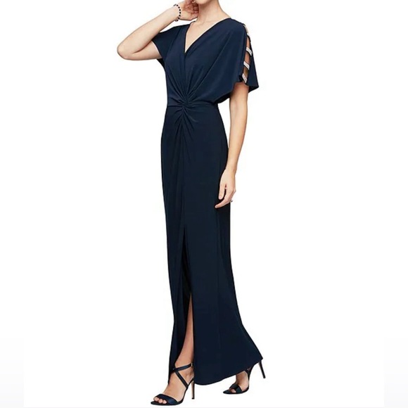 Alex Evenings Long Front Knot Jersey Dress Slit & Sleeve Detail. Navy Si… - Picture 1 of 11